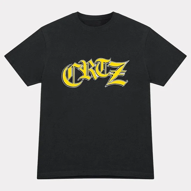 a black t-shirt with yellow text